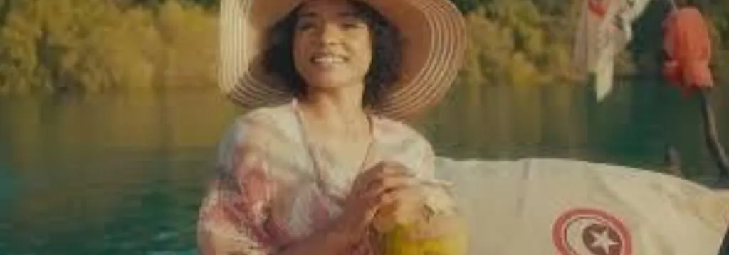 A traveller in a sun hat smiling on a boat on a calm lake